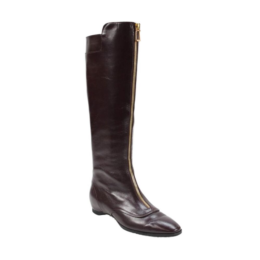 Tods Womens Leather Front Zipper Knee High Boots Eggplant Purple Size 37 7
